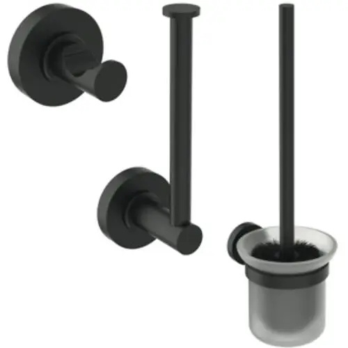 Zwei schwarze Wandhaken und ein WC-Bürstenhalter mit Halterung von Ideal Standard. Die Bürste ist in einem runden, silbernen Behälter untergebracht.